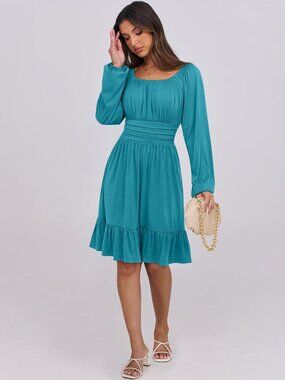 Women's Lake Blue Long Lantern Sleeve Ruffle Flowy Swing A-Line Short Dress
